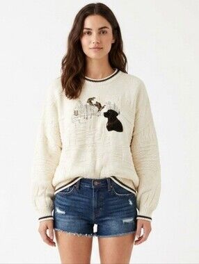 Vintage Embroidered Dog & Ducks Textured Chunky Crewneck Sweater In Ivory - XL